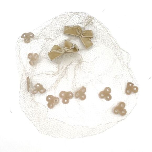 Vintage 1960s Taupe Net Veil Headpiece with Velvet Bows & Appliqué Bridal Hat - Picture 9 of 10